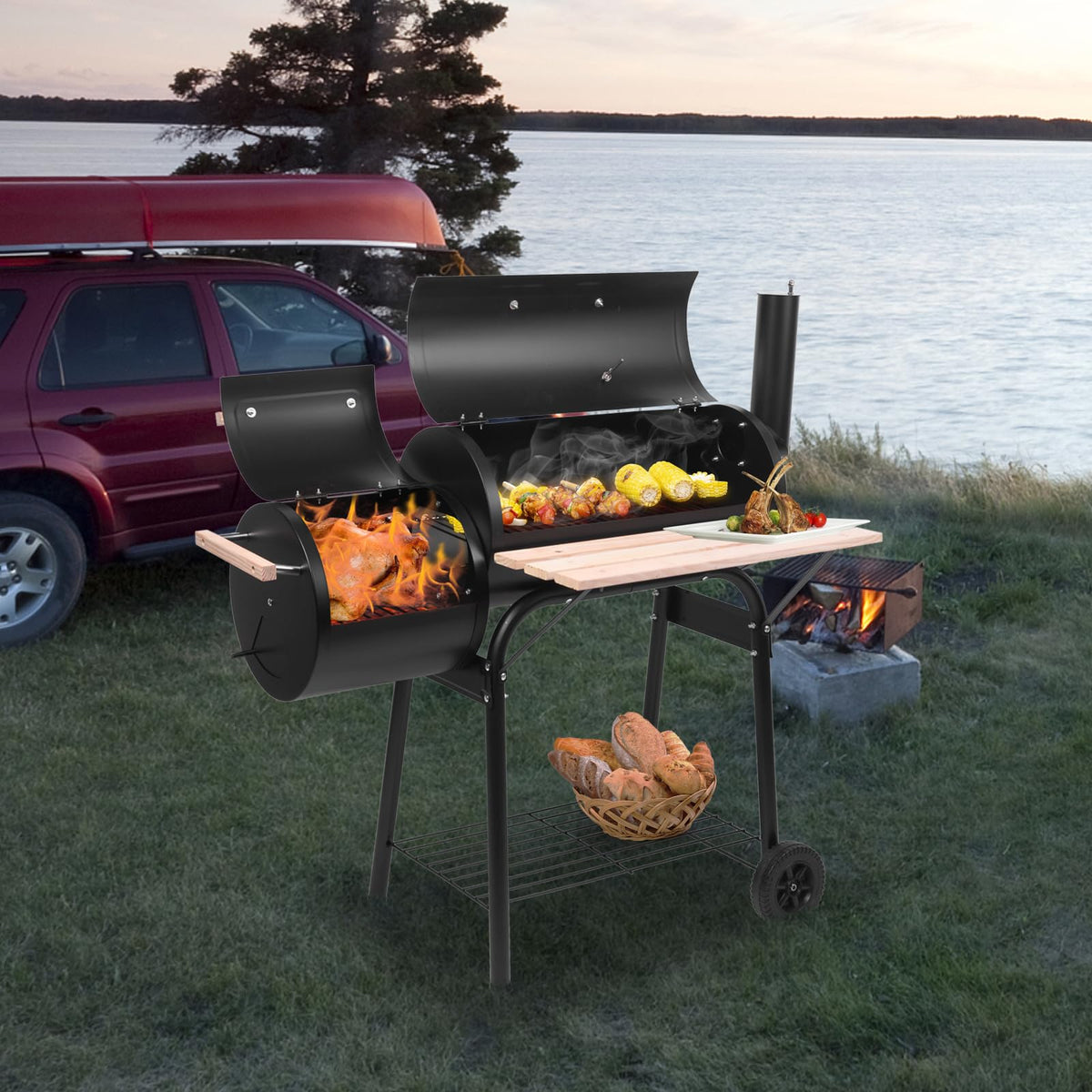 44.1'' Charcoal Grill with Offset Smoker, Portable BBQ Grill with Built-in Thermometer, Adjustable Damper, Wooden Shelf, Easy to Clean for Camping, Backyard, BBQ
