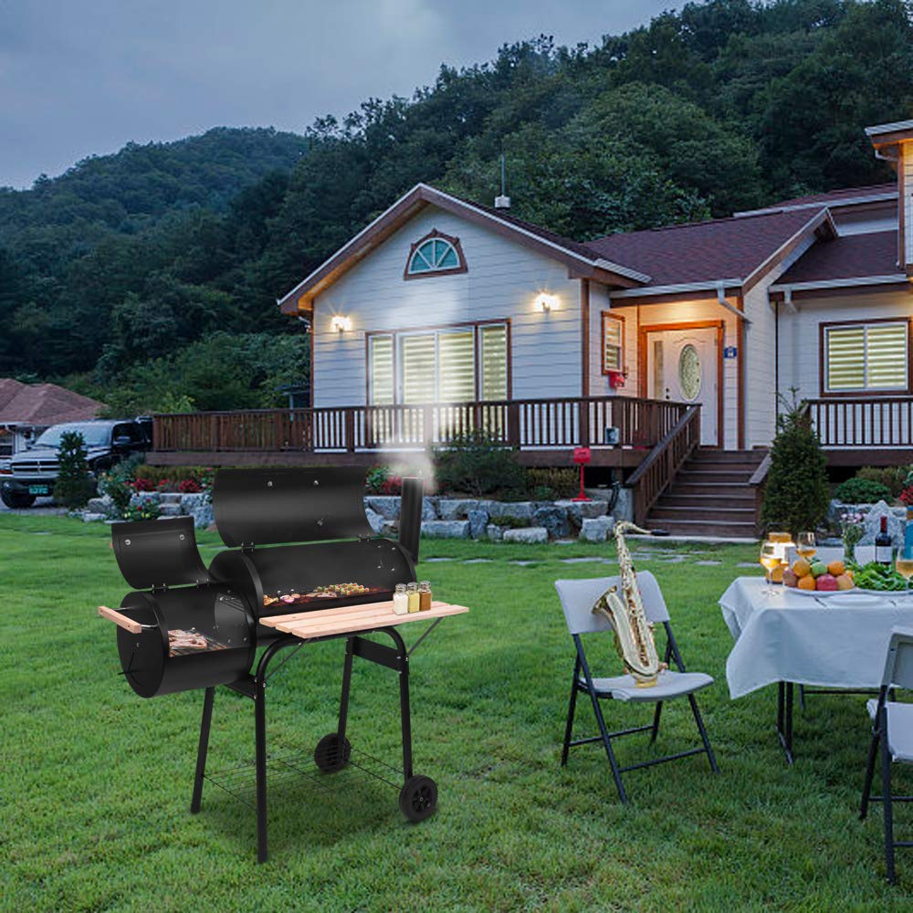 44.1'' Charcoal Grill with Offset Smoker, Portable BBQ Grill with Built-in Thermometer, Adjustable Damper, Wooden Shelf, Easy to Clean for Camping, Backyard, BBQ