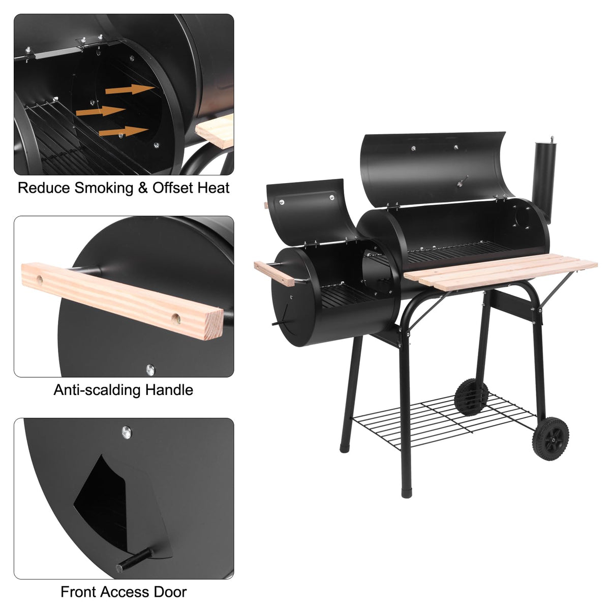 44.1'' Charcoal Grill with Offset Smoker, Portable BBQ Grill with Built-in Thermometer, Adjustable Damper, Wooden Shelf, Easy to Clean for Camping, Backyard, BBQ