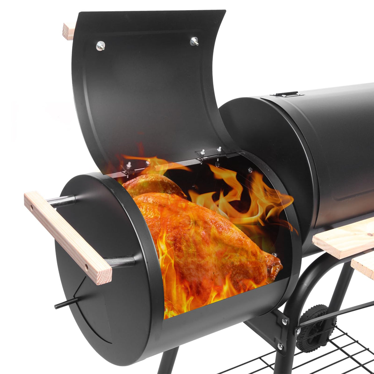 44.1'' Charcoal Grill with Offset Smoker, Portable BBQ Grill with Built-in Thermometer, Adjustable Damper, Wooden Shelf, Easy to Clean for Camping, Backyard, BBQ