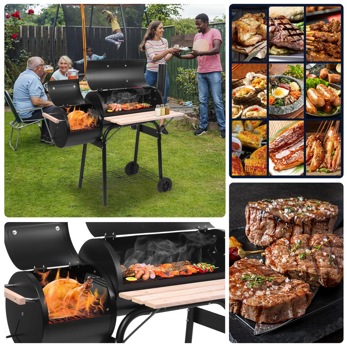 44.1'' Charcoal Grill with Offset Smoker, Portable BBQ Grill with Built-in Thermometer, Adjustable Damper, Wooden Shelf, Easy to Clean for Camping, Backyard, BBQ