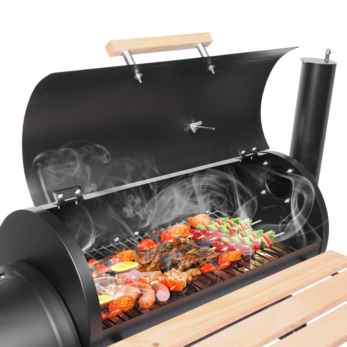 44.1'' Charcoal Grill with Offset Smoker, Portable BBQ Grill with Built-in Thermometer, Adjustable Damper, Wooden Shelf, Easy to Clean for Camping, Backyard, BBQ