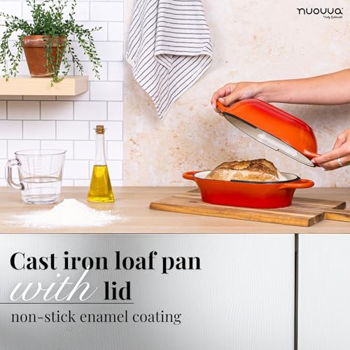 Dutch Oven For Sourdough Bread Baking – Enamelled Cast Iron Bread Loaf Pot – Oven Safe Non Stick Bread Pot – Rectangular, Orange, 24cm x 16cm – by Nuovva