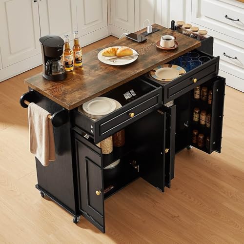 ONBRILL 58" Mobile Kitchen Island, Kitchen Island Cart with Power Outlet, Island Table for Kitchen, Home Bar Carts with Storage, Kitchen Rolling Island with Spice Rack & Towel Rack & Knife Holder