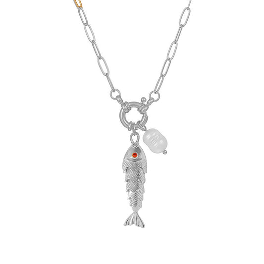Color Enamel Boho Fish Necklace for Women, Dainty Gold Paper Clip Chain Cute Colorful Lucky Fish Pearl Pendant Safety Pin Necklaces Beach Hawaiian Summer Ocean Minimalist Jewelry Gift for Her (Silver)