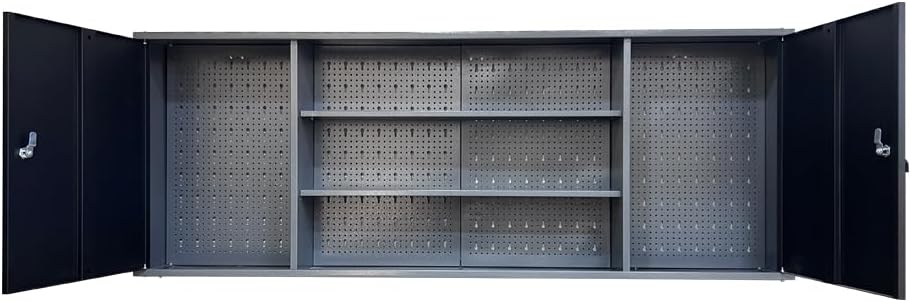 JZD Metal Storage Organization System, Wall Mount Tool Cabinet, Wood Tabletop, for Garage Workshop Utility Room