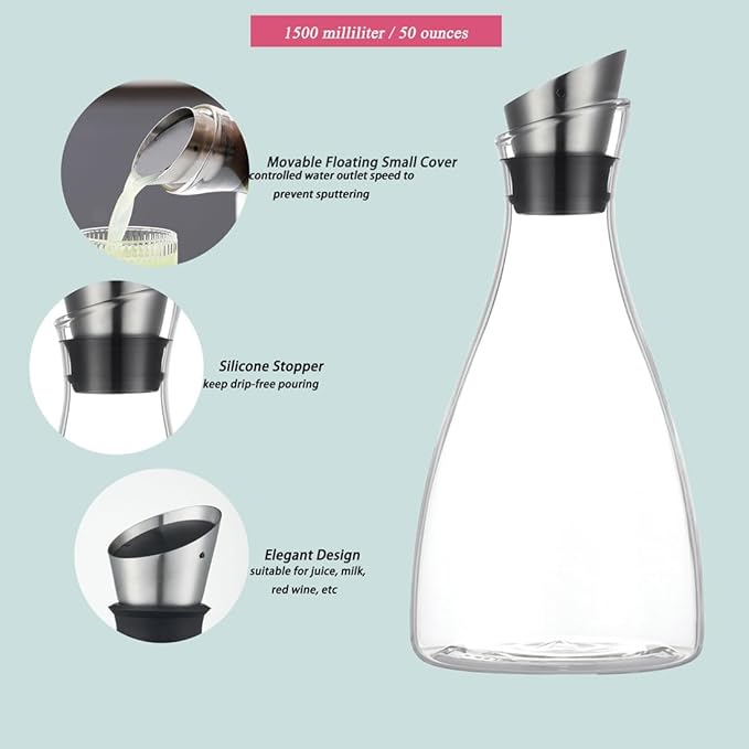50 Ounces Borosilicate Glass Carafe with Lid, Glass Pitcher for Hot/Cold Water, Ice Tea and Lemonade Beverage