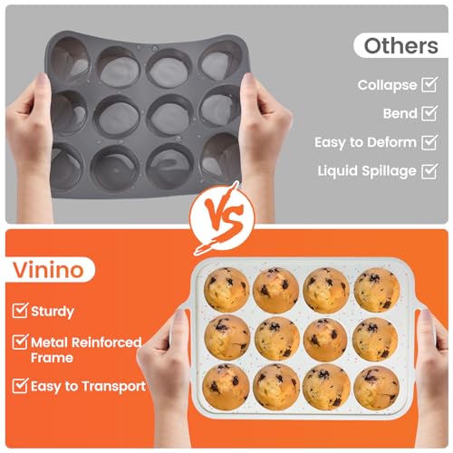Vinino 2Pack Silicone Muffin Pan for Baking with Metal Reinforced Frame, 12 Cup Regular Size Cupcake Pan, BPA Free Silicone Muffin Tray, Cupcake Baking Pan Bite Molds for Oven Dishwasher Safe