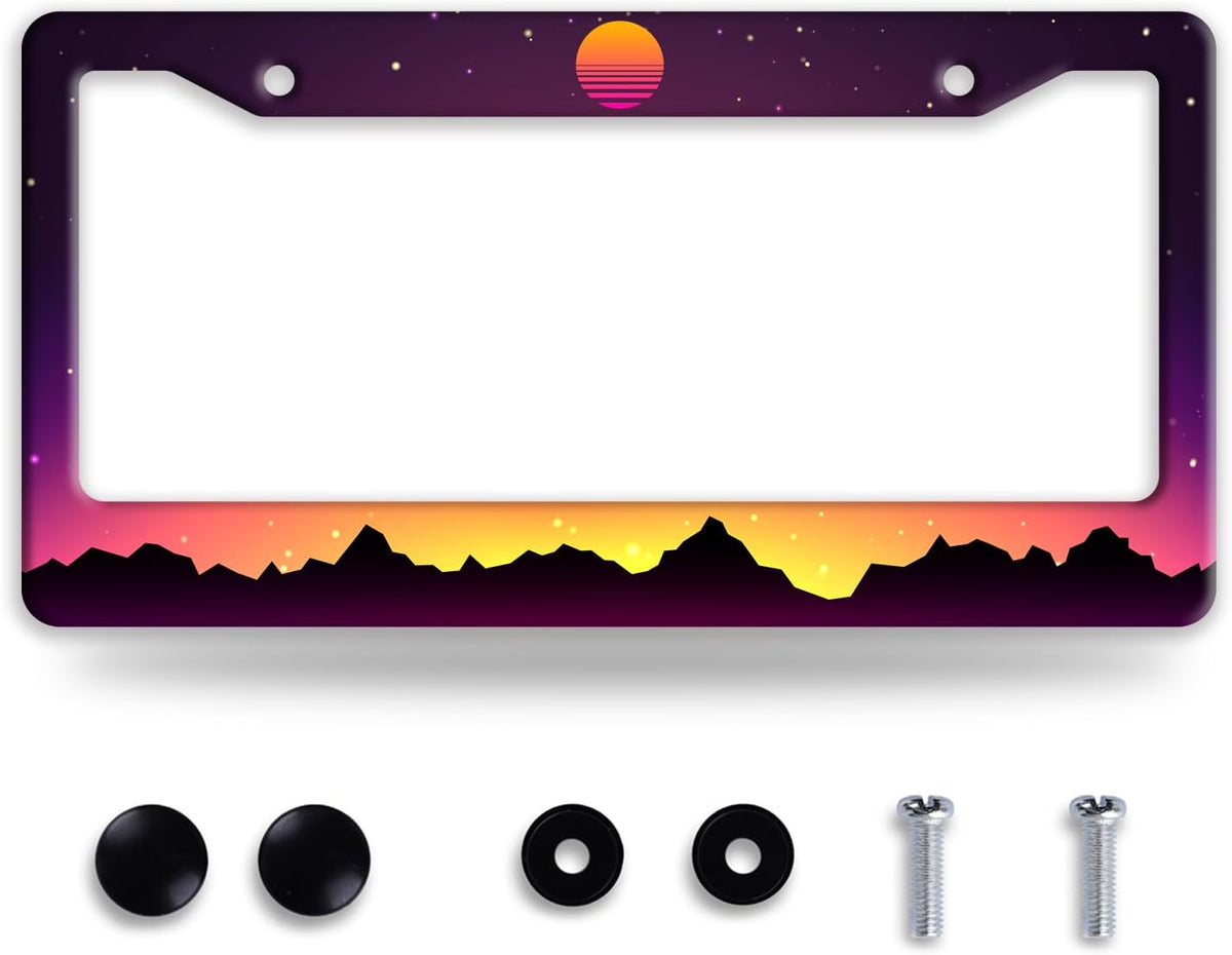 Mountain Sunset License Plate Frame Funny Mountains License Plate Frames Stainless Steel Accessories Cars Decor with 2 Holes and Screws Fits Standard Us Ca Vehicles License Plate Holder 12.2 X 6 Inch