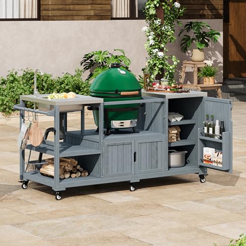 Merax 75.4" Outdoor Kitchen Island with Sink, Solid Wood Outdoor Grill Cart for Big Green Egg Grills, Rolling Outdoor Bar Cart with Stainless Steel Top for Pizza Prep & BBQ, Grey+Blue