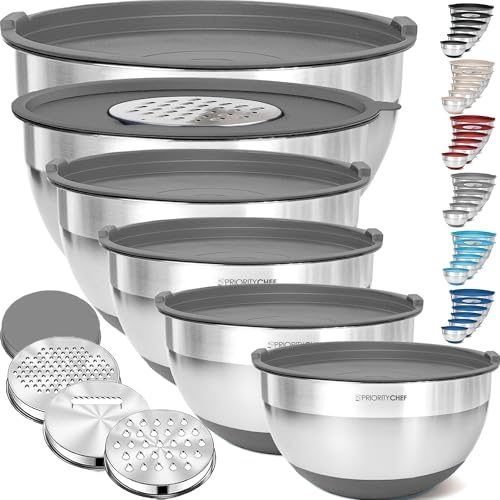 Priority Chef 6Pc Large Mixing Bowls With Lids Set with Non-Slip Bases, Stainless Steel Mixing Bowl Set, 6 Airtight Lids and 3 Graters, Grey