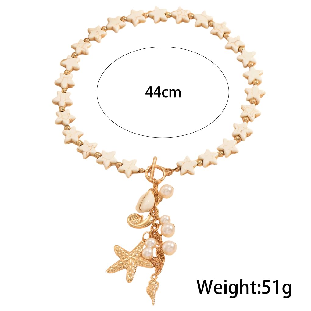 Stringex Seashell Starfish Choker Necklace for Women Boho Gold Starfish Pendant Necklaces Chunky Turquoise Beaded Long Necklace Trendy Holiday Jewelry Gifts (White)