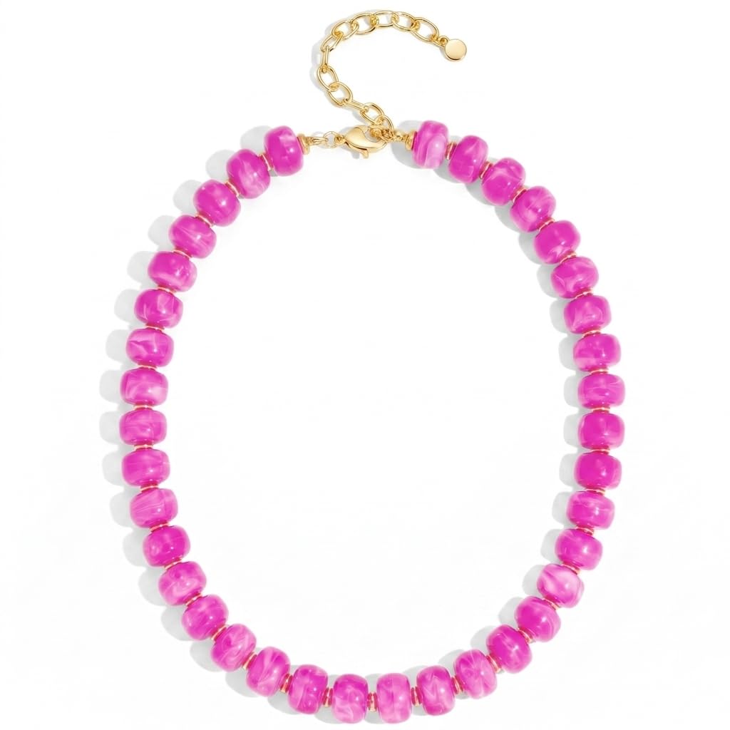 FAUTHENTICUTE Hot Pink Beaded Choker Necklace for Women Statement Boho Bead Necklaces Trendy Western Beach Summer Necklace Vibrant Pink Beaded Choker Necklaces for Women Bold Statement Jewelry