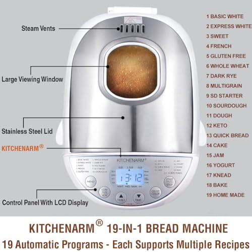 KITCHENARM 19-in-1 HANDY Bread Machine with Homemade Cycle and Gluten Free Setting - Beginner Friendly 2LB 1.5LB 1LB White Bread Maker Machine with Recipes and Delay Timer