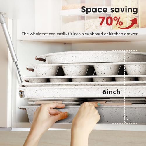 11-Piece Baking Pans Set Nonstick, Stackable Bakeware, Toxin-Free Baking Pans Set with Silicone Handles, Includes Cookie Sheets, Cake Pan, Loaf Pan, Pizza Pan, Muffin Pan, White&Khaki