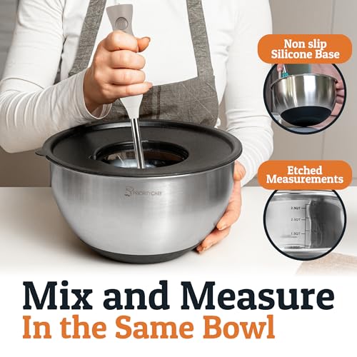 Priority Chef Stainless Steel Mixing Bowls with Lids Set, 3 Grater Attachments, Airtight Lids, Non-Slip Silicone Base Mixing Bowl Set, Large Prep Metal Mixing Bowls for Kitchen, Black