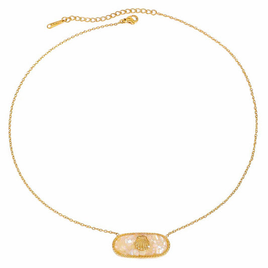 NUZON Enamel Seashell Pendant Necklace for Women Delicate 14K Gold Plated Chain Dangling Oval Inlay Yellow Shell Necklace Ocean Cute Jewelry Gift Adjustable 16''