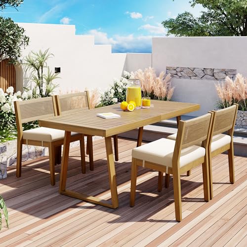 HZSSDTKJ 5-Piece Patio Furniture Dining Set, Multi-Person Outdoor Acacia Wood Dining Table Set with 4 Chair with Thick Cushions, Elegant Conversation Set for Balcony, Vourtyard and Garden (Beige-01)