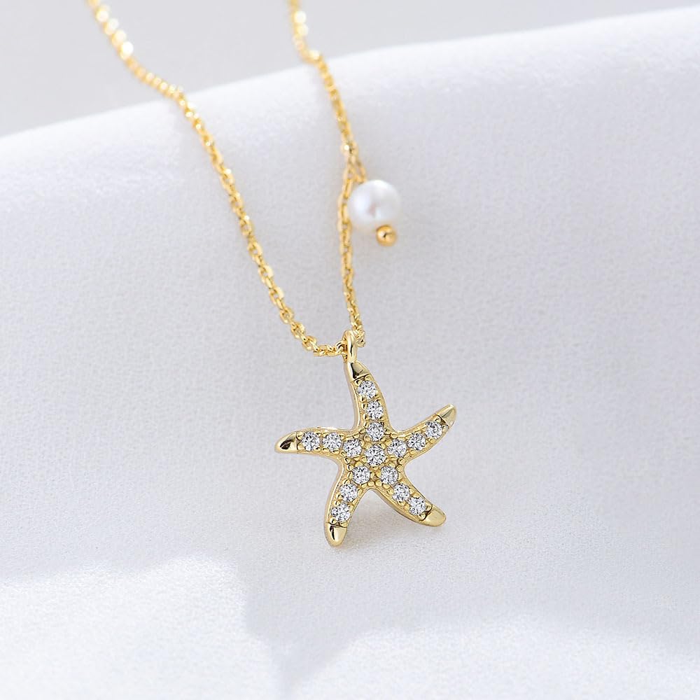 S925 Sterling Silver Starfish Necklace with Fresh Water Pearl, Sparkling Pave Zirconia Sea Star Pendant, Dainty 14K Gold Plated Asymmetric Choker, Ocean Beach Inspired Jewelry Gift for Women (Gold)