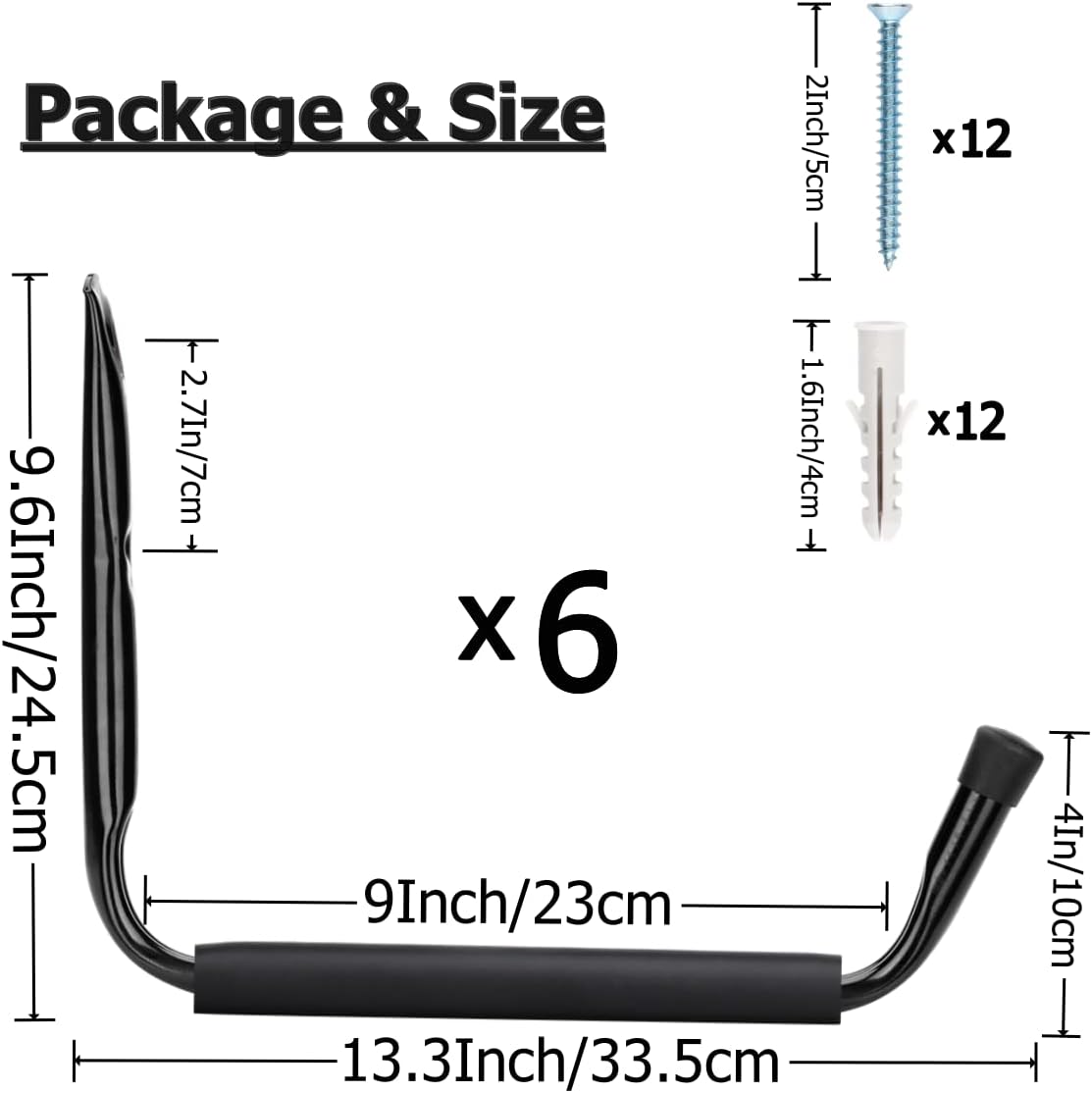 Heavy Duty 13 Inches Jumbo Arm Indoor Outdoor Storage Wall Hooks, Garage and Garden Steel Organizer Rack, 6 Pack Garage Storage Hooks