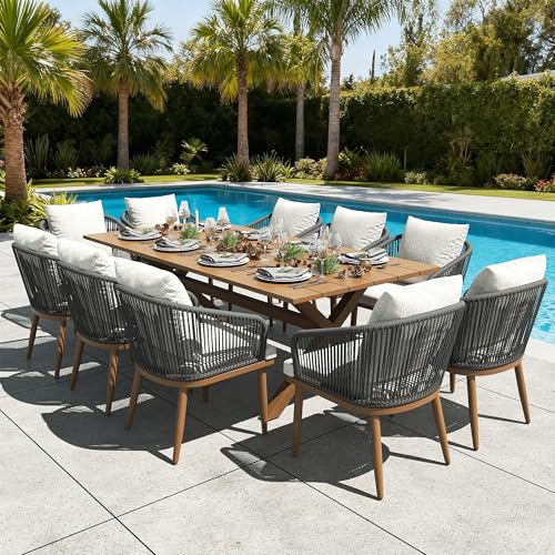 LayinSun 11 Pieces Outdoor Patio Dining Set, Aluminium Rectangular Dining Table and Wicker Rattan Chairs Set for Outside Backyard, Poolside