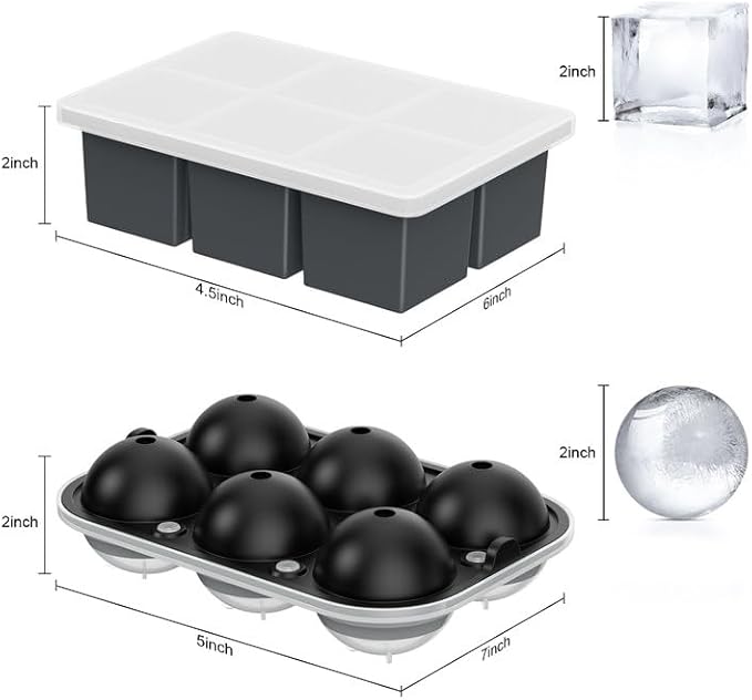 ROTTAY Ice Cube Trays (Set of 4), Sphere Ice Ball Maker with Lid & Large Square Ice Cube Maker for Whiskey, Cocktails and Homemade, Keep Drinks Chilled