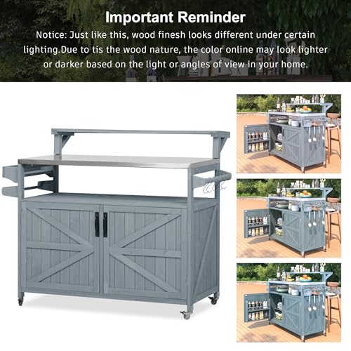 Merax 53.3" Outdoor Kitchen Island with Raised Shelf, Solid Wood Storage Cabinet with Stainless Steel Top, Rolling Grill Cart, Adjustable Shelf, Grey Blue