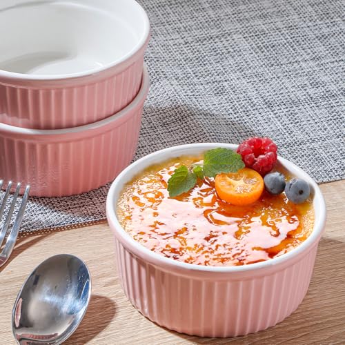 NUTRIUPS Pink Ramekins 14oz Oven Safe Set of 4, Porcelain Pudding Cups for Creme Brulee Souffle, Ceramic Ramekins Set for Baking