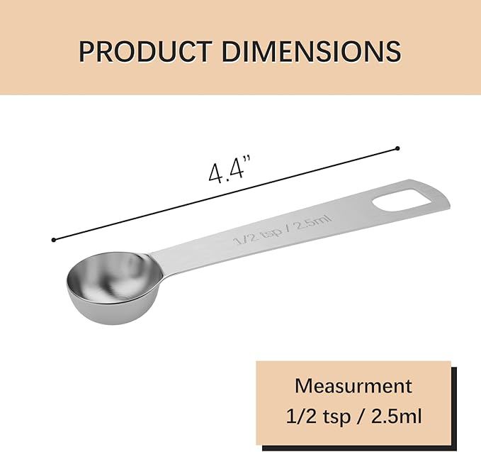 5PCS 1/2tsp (1/6tbsp, 2.5ml) Single Measuring Spoon, Stainless Steel Individual Teaspoons Only