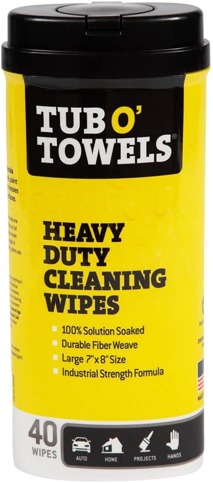 Tub O' Towels Heavy-Duty Multi-Surface Cleaning Wipes, 7" x 8", 40 Count Canister, Removes Grease, Grime, and Tough Stains, Durable Disposable White Wipes for Home, Garage, and Outdoor Cleaning Tasks