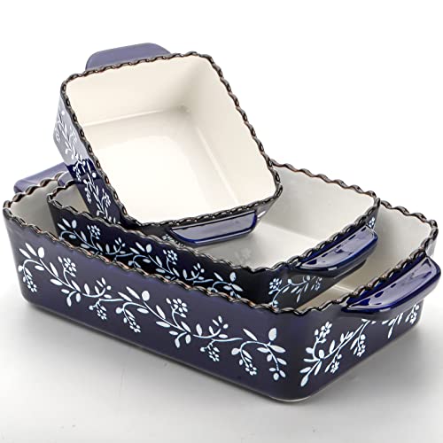 AVLA 3 Pack Ceramic Bakeware Set Porcelain Rectangular Baking Dish Lasagna Pans for Cooking Kitchen Casserole Dishes Cake Dinner 12 x 8.5 x 6 Inches of Baking Pans Banquet and Daily Use Cobalt Blue