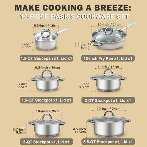 Cook N Home Kitchen Cookware Sets, 12-Piece Basic Stainless Steel Pots and Pans, Silver
