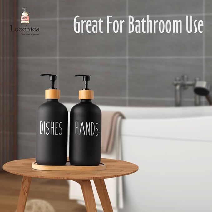 LOOCHICA 2 Pack Black Glass Soap Dispenser Set with Tray, Hand and Dish Glass Soap Dispensers for Kitchen Sink, Matte Black Soap Dispenser Suitable for Kitchen Sink, Rustic Kitchen Décor