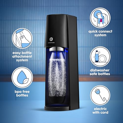 SodaStream - E-TERRA Soda Maker | VALUE BUNDLE | 3 Automatic Carbonation Levels | Includes 2x CO2 Cylinders, 3x 32 Fl Oz Dishwasher Safe Bottles, 2x Bubly Fruit Flavor Drops, 1x Power Adapter | Black