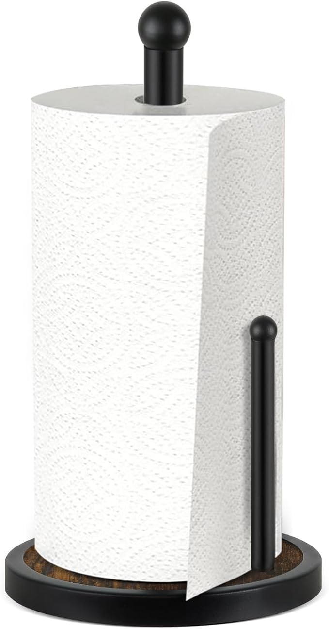 YINMIT Paper Towel Holder Countertop, Standing Paper Towel Roll Holder with Wooden Base, Rustic Farmhouse Paper Towel Holders for Kitchen Counter, Fits Standard or Jumbo-Sized Rolls