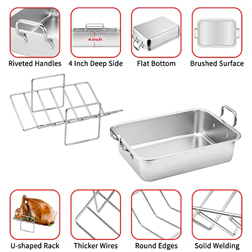 15 Inch Stainless Steel Roasting Pan with Cooling Rack - Turkey, Chicken, Ham Roaster with V-Shaped Baking Rack by Kendane