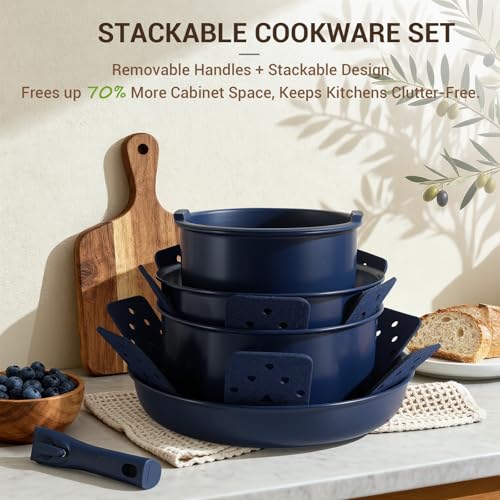Ammeloo 18-Piece Ceramic Pots and Pans Set Non Stick, Non Toxic Cookware Set with Removable Handles, Pot Sets for Cooking, Induction Ready, Dishwasher & Oven Safe, PFAS PFOA & PTFE Free (Navy Blue)