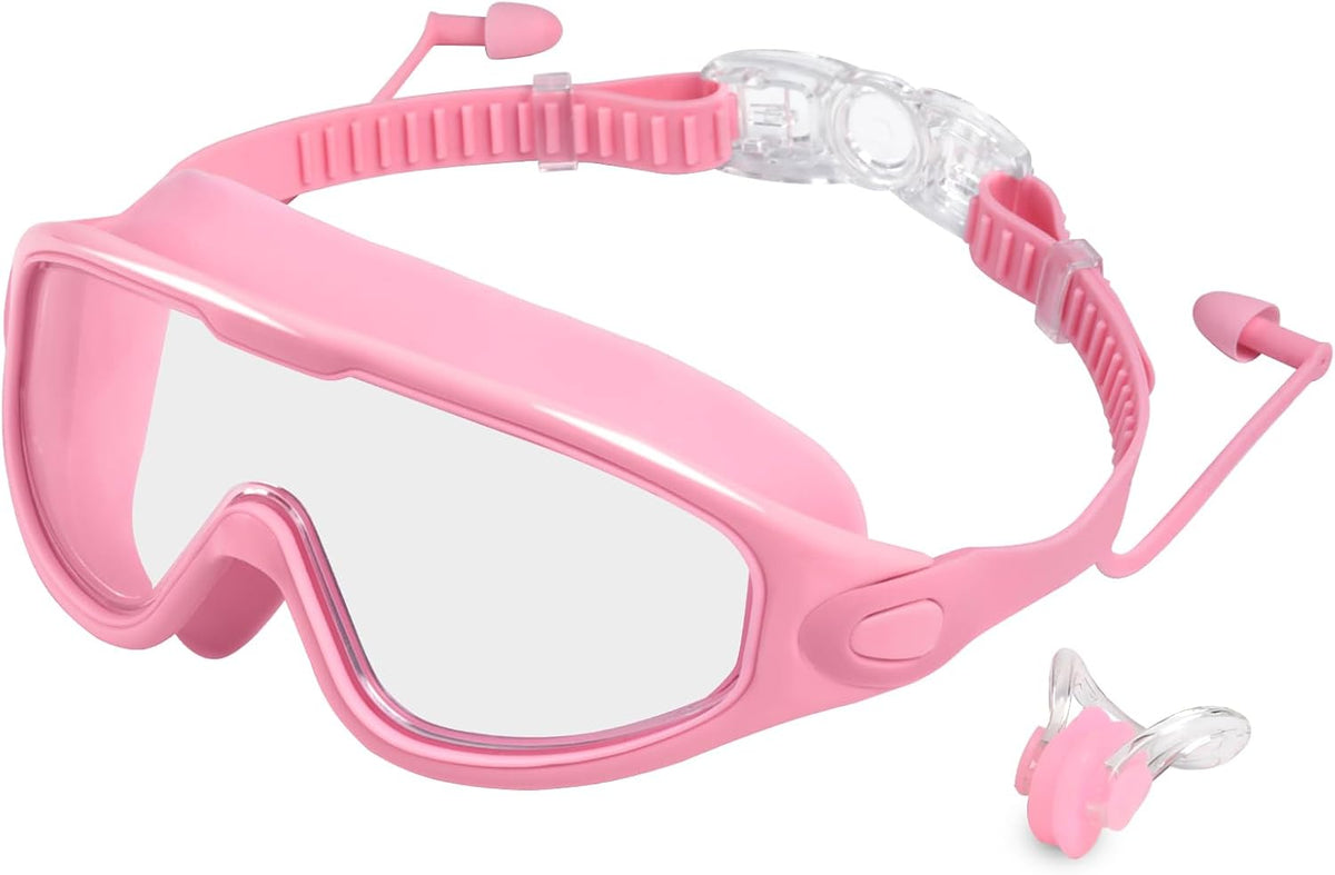 Swim Goggles for Adults, Wide View Anti-Fog & UV Swimming Goggles with Nose Clip & Ear Plugs, No Leak