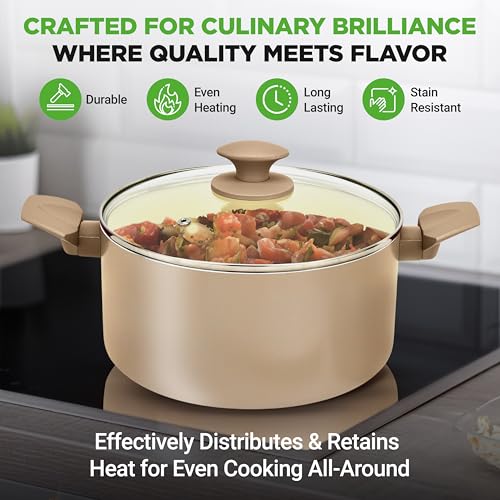 NutriChef 75-Piece Non-Stick Pots and Pans Set, Complete Ceramic Cookware Set with Bakeware, Utensils, Knife Set, & Accessories, Stain-Resistant, Food-Grade Safe, Cream/Brown