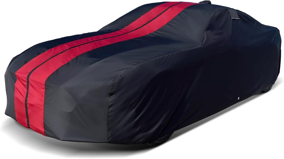 iCarCover Custom Car Cover for Pontiac Grand Safari Station Wagon (1971-1978) Waterproof All-Weather Rain Snow UV Sun Protector Full Exterior Indoor Outdoor Car Cover (Stripe - Black/Red)