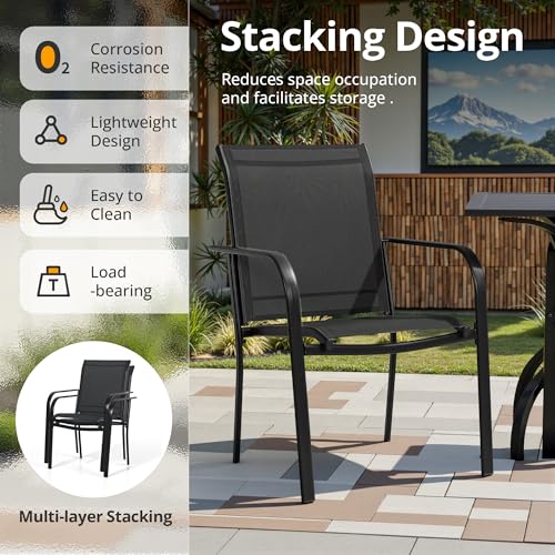 Crownland 7 Piece Patio Dining Set, Textilene Dining Sets, 6 Textilene Metal Chairs and Rectangular Outdoor Dining Table with Khaki 9FT Round Outdoor Umbrella (Black)