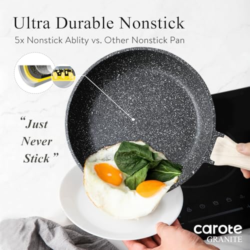 CAROTE 21pcs Pots and Pans Set Nonstick, Cookware Set Black Granite Induction Kitchen Cooking Set w/Frying Pans & Saucepans(PFOS, PFOA Free)
