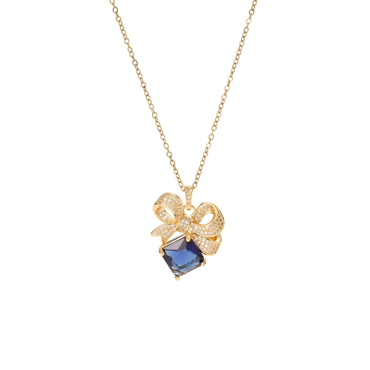 crataly Blue Sapphire Square Bow Necklace for Women-Gold Plated September Birthstone Vintage Necklace For Valentines Day Mother's Day Christmas Birthday Gifts