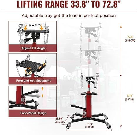 Transmission Jack with Wheels-Hydraulic Transmission Jack with Foot Pedal, 1/2Ton(1322LBS) High Telescoping Lift Jacks 33.8" to 72.8" for Garage and Shop