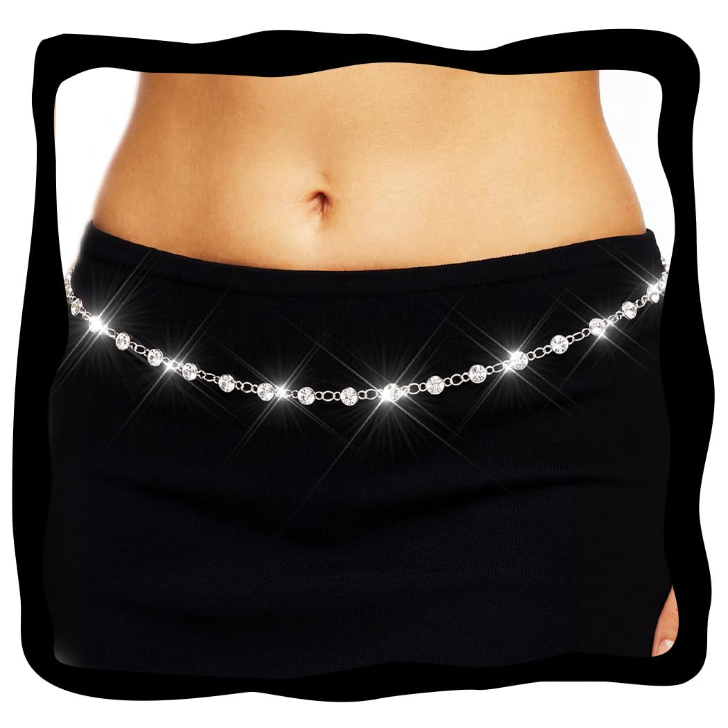 Nicute Rhinestone Belly Chain Silver Waist Chain Sparkly Body Jewelry for Women (Silver)