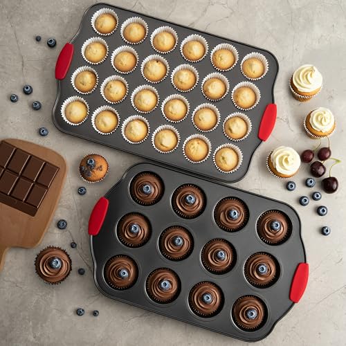 Tiawudi Muffin Pan, Nonstick Cupcake Pan Set, 2 Pack Heavy Duty Muffin Tins for Baking, 12-Cup Regular and 24-Cup Mini Bareware Tray with Silicone Grip Handles