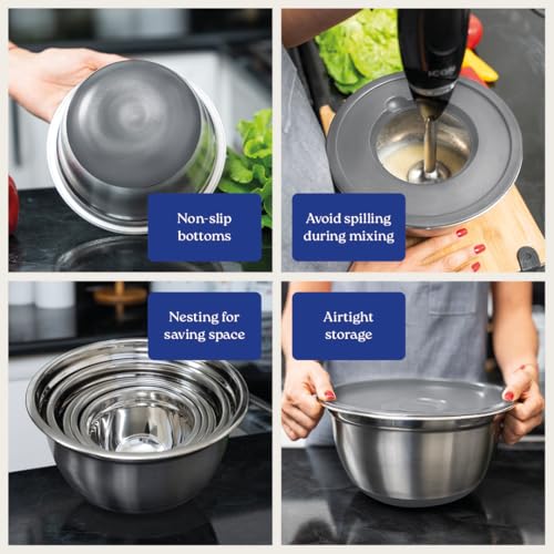 WHYSKO Stainless Steel Mixing Bowls with Lids Set - 5 Rustproof Metal Nesting Mixing Bowls for Kitchen, Meal Prep, Baking, Cooking, Storage - Includes 3 Grater Attachments, Dishwasher Safe