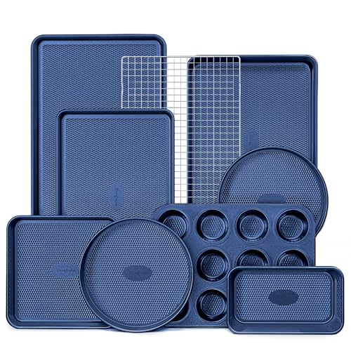 HONGBAKE 9-Piece Baking Pans Set Nonstick, Stackable Non Toxic Bakeware Sets with Diamond Texture, Oven Pan Set for Cooking, Includes Cookie Sheet with Rack, Cake Pan, Roasting Pan, Muffin Tin, Blue