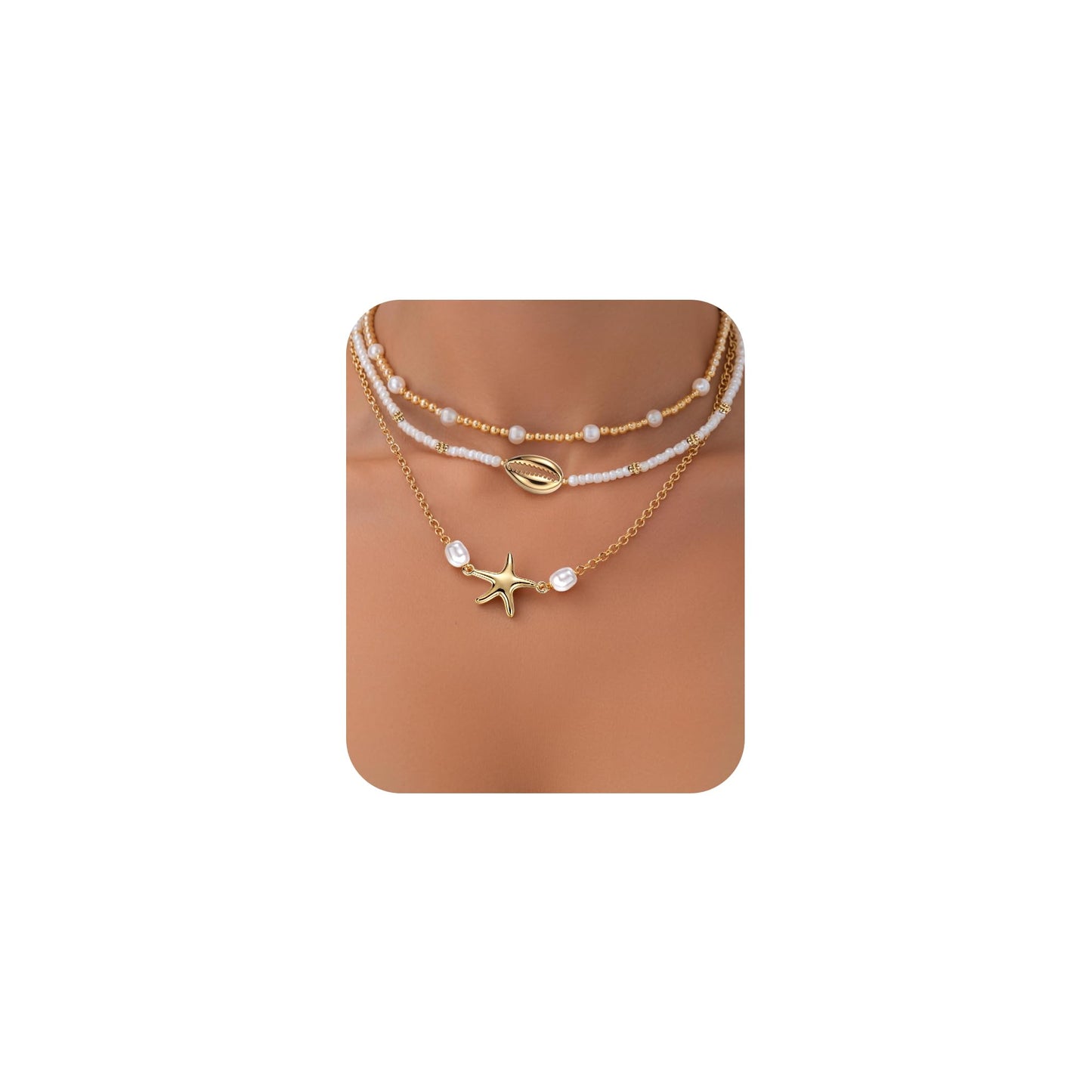 VOJO Starfish Seashell Necklace for Women, 3 Layers Stacked Summer Beach Necklaces, Colorful Polymer Clay Pearl Jewelry, 18K Gold Plated Tropical Hawaii Vacation Accessories, Tarnish Resistant Gifts (Pearl shell + starfish)
