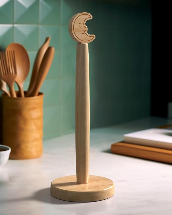 KitchLife Cute Wooden Paper Towel Holder Countertop - Solid Freestanding Paper Towel Dispenser Stand Organizer with Anti-Skid Base (Moon)